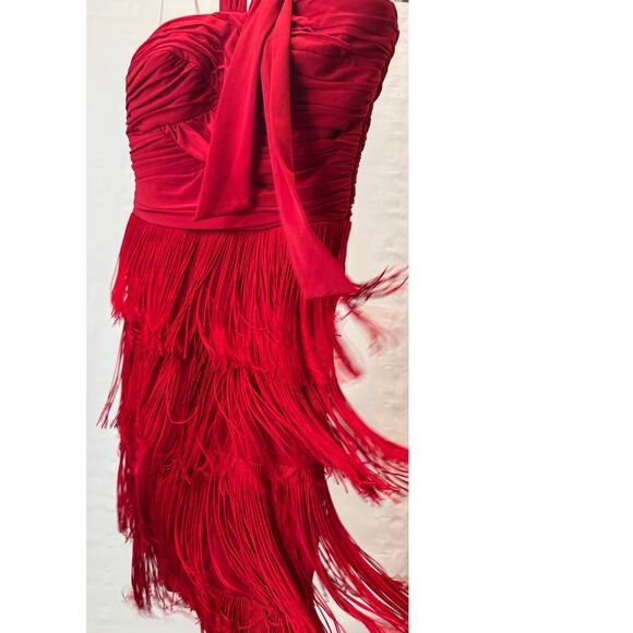 Boston Proper Women's Red Fringe Neck Scarf Tie Sleeveless Dress Size 2 - Picture 6 of 7